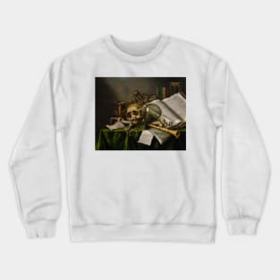 Vanitas - Still Life with Books and Manuscripts and a Skull by Edwaert Collier Crewneck Sweatshirt